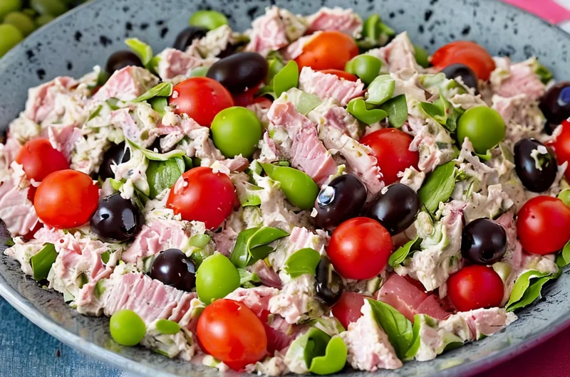 Tuna salad with olives and tomatoes